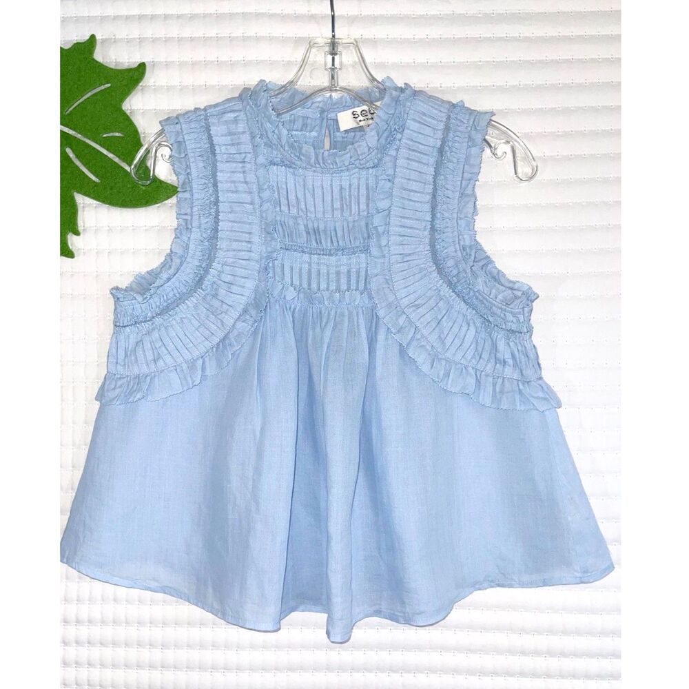 Sea New York Light Blue Sleeveless Top S Pleated Ruched Romantic Tent Fit